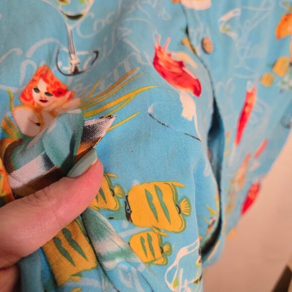 Vtg Mens Mermaid Martini Vaction Rayon Button Shirt Hawaiian Tropical Cruise XXL - Picture 3 of 8